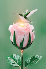 Fototapeta premium A hummingbird hovers above a pink rose with a green background. The image has a soft, artistic feel.