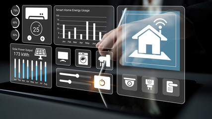 A modern smart home dashboard showcases energy usage statistics, solar power output, and home...