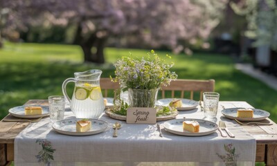 Rustic Spring picnic, a table set for a meal with a pitcher of lemonade, wildflowers, and slices of cake