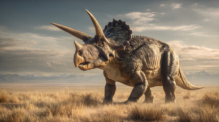 Fototapeta premium Triceratops Dinosaur Standing in Prehistoric Grassland