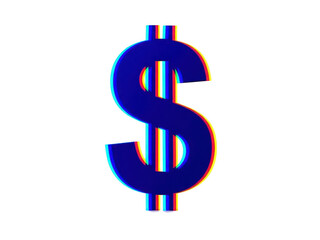Obraz premium Glitch effect blue dollar sign symbol isolated on transparent background representing finance, currency, money, and digital error concept