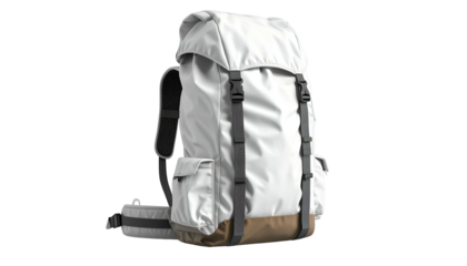 A tall, white backpack with gray straps, side pockets, and a brown base, isolated on black