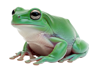 A striking close-up studio portrait of a vibrant green australian white's tree frog, isolated on a clean, neutral background, showcasing detailed skin texture and large, reflective eyes.