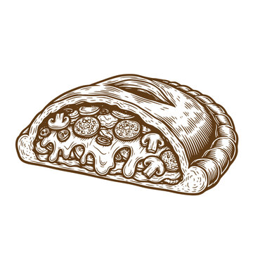 Delicious hand drawn sketch vintage illustration of a calzone pizza filled with toppings