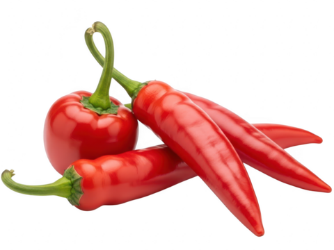 A group of vibrant red chili peppers, including one round variety and three elongated ones, isolated on transparent background