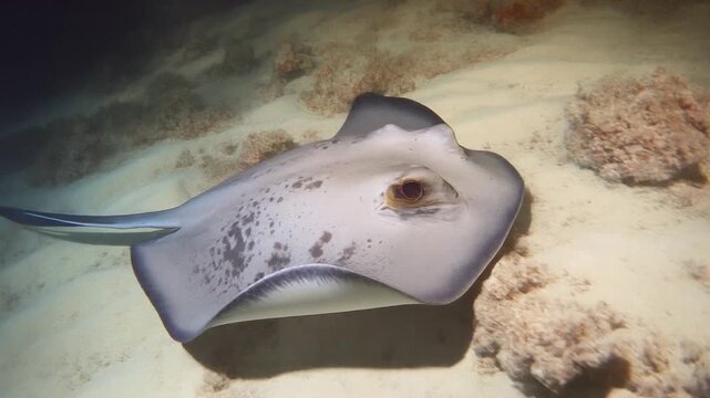 A graceful stingray gracefully glides above the illuminated sandy seabed, its unique markings visible in the tranquil underwater environment, capturing a serene moment of marine life