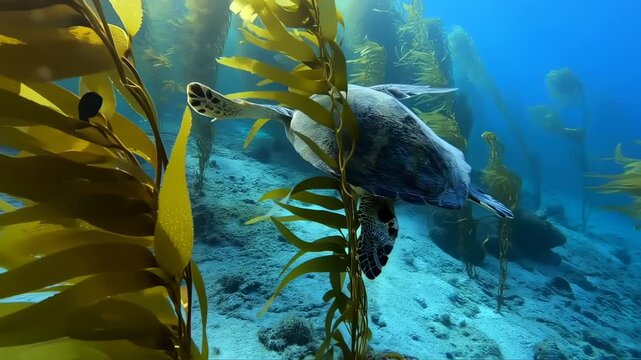 A turtle swims among kelp in ocean. Underwater scene in blue