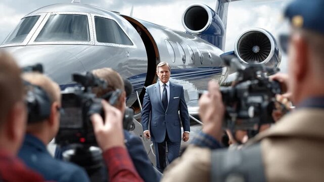 Arrival: A well-dressed individual, escorted by security and surrounded by an eager press, disembarks from a luxury jet. Capturing the glamour and exclusivity of travel.