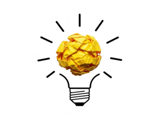 Conceptual image of a bright idea represented by a yellow crumpled paper ball inside a handdrawn light bulb, isolated on transparent background