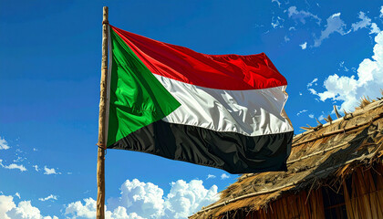 Vibrant Sudan flag waving proudly against a bright blue sky, symbolizing national pride and cultural heritage near a thatched roof structure