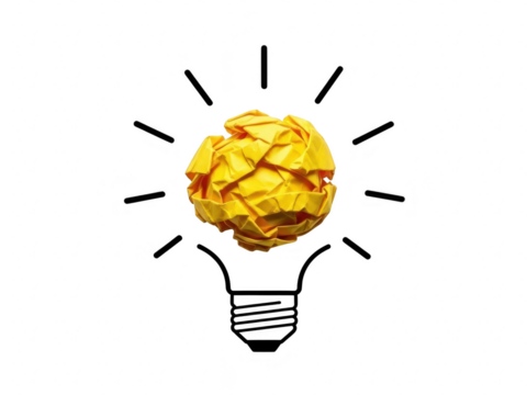 Conceptual image of a bright idea represented by a yellow crumpled paper ball inside a handdrawn light bulb, isolated on transparent background
