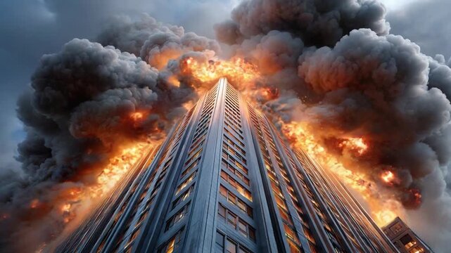 Inferno Ascent: A skyscraper is engulfed in flames, plumes of dark smoke billowing towards a cloudy sky, creating a dramatic scene of destruction and chaos.