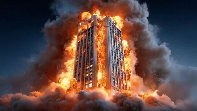 Fiery Demolition: A dramatic scene unfolds as flames engulf a skyscraper. The controlled explosion creates a powerful spectacle of destruction.