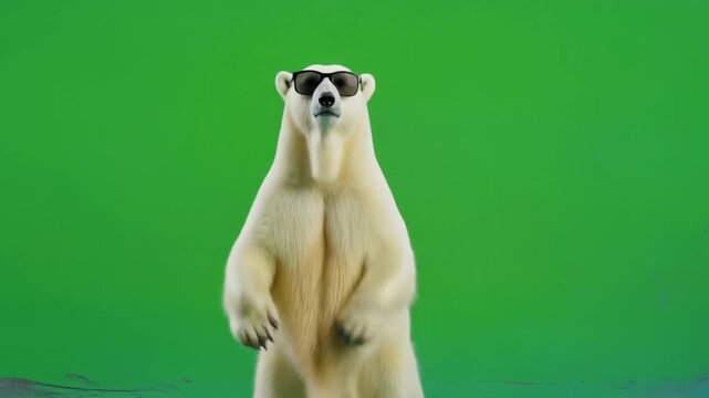 A stylish arctic polar bear in cool sunglasses dancing on a green screen, ready for compositing and video effects