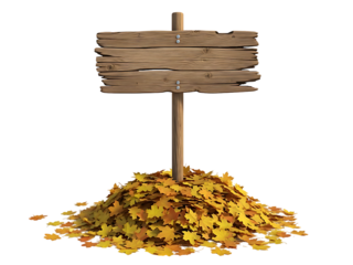 Rustic wooden signpost adorned with colorful autumn maple leaves, representing change and the season's transition, perfect for seasonal campaigns and outdoor themes.