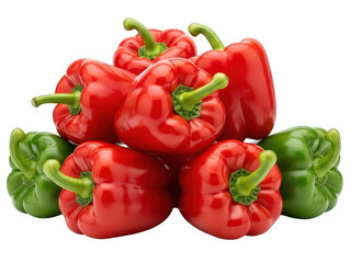A pile of fresh red and green bell peppers with stems, isolated on transparent background