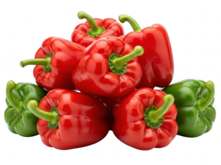 A pile of fresh red and green bell peppers with stems, isolated on transparent background