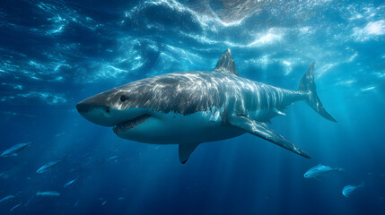 Fototapeta premium Great White Shark Powerful Hunter Swimming in Deep Blue Ocean Sunlight Rays