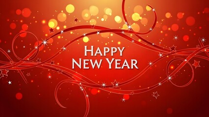 Festive red background with golden bokeh and happy new year text