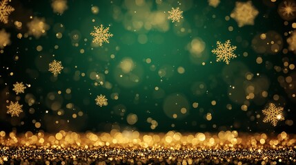 Radiant golden snowflake illustration displayed on lively green backdrop with brilliant glitter shimmer christmas backdrop template background wallpaper card design