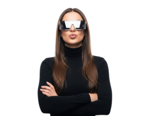 Young woman wearing futuristic silver visor sunglasses and black turtleneck making a kiss face isolated on transparent background