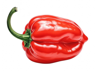 Vibrant red habanero chili pepper with a curved green stem, isolated on transparent background for culinary use and spice illustration