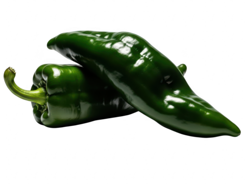 Two fresh, glossy dark green poblano chili peppers resting against each other isolated on transparent background