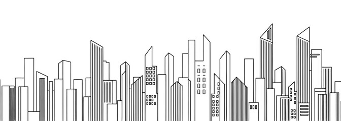 Minimalist linear cityscape silhouette featuring simple geometric buildings and precise straight lines ideal for modern architectural and urban design projects