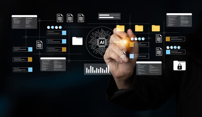 A professional interacts with a futuristic digital interface, showcasing concepts related to artificial intelligence, data management, and workflow visualization. Gantry