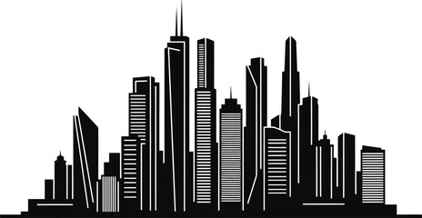Minimalist business city center silhouette featuring modern tall towers and hotels with clean geometric architectural lines ideal for corporate branding