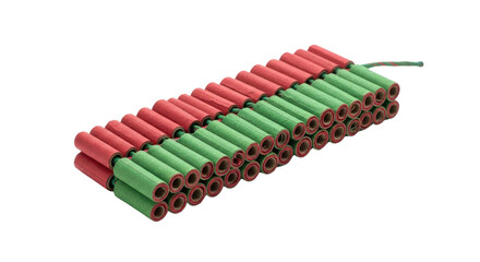 Naklejka premium Traditional red and green firecrackers roll, festive Chinese New Year pyrotechnics isolated on white, explosive firecracker string for holiday celebration