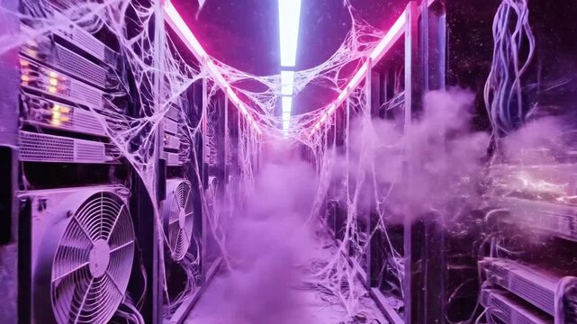 A dusty server room, draped in cobwebs, bathed in purple and neon light