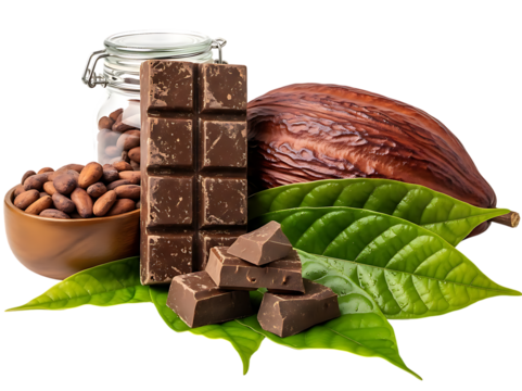 Rich dark chocolate bar and pieces with cocoa beans and fruit on vibrant green leaves, a delicious treat