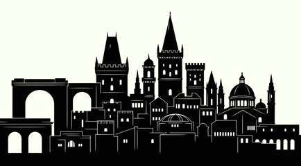 Obraz premium Silhouette of an ancient city skyline featuring grand arches imposing stone towers and elegant domed structures against a clear backdrop