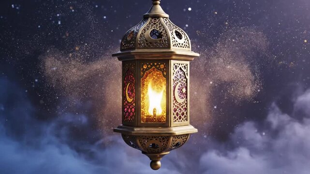 Islamic Ramadan lantern glowing with warm light against a starry night sky