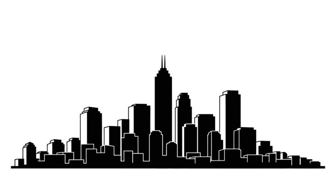 Minimalist downtown city skyline illustration featuring simple rectangular skyscrapers with clean rooftop lines perfect for urban design projects