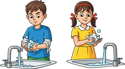 Cartoon boy and girl washing hands, hygiene, handwashing, sink, soap, bubbles, clean hands, health care, virus prevention, cleanliness