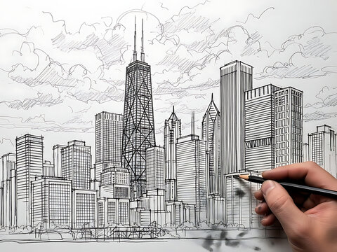 Hand drawing a detailed black and white sketch of the chicago skyline with a pencil in the foreground