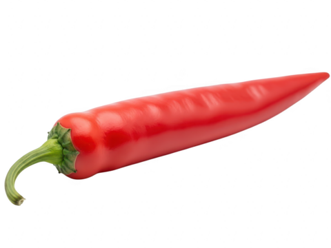Bright red cayenne chili pepper with a green stem, isolated on transparent background for culinary use and spice illustration