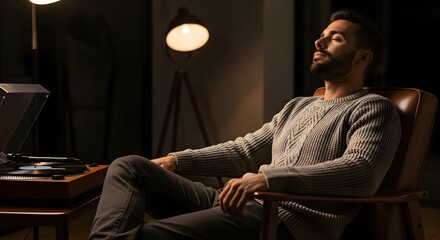 Young man relaxing with eyes closed while listening to a vintage record player at home for a mindfulness and calm evening concept