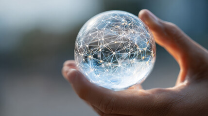 A person's hand holding a glowing glass sphere with interconnected dots, symbolizing the interconnectedness of the world