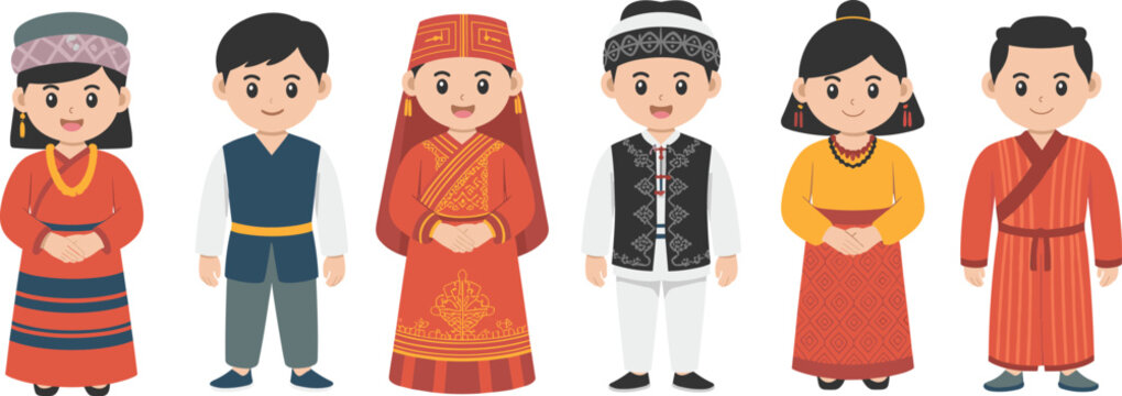 Cartoon characters of children wearing traditional Asian ethnic clothes, cultural diversity, folk costumes, heritage fashion, multicultural outfits, illustration vector - Powered by Adobe