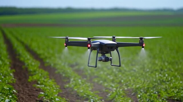 Drone Spraying Crops Aerial View of Agricultural Technology in Action