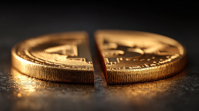 A Bitcoin split in half, concept of cryptocurrency crisis