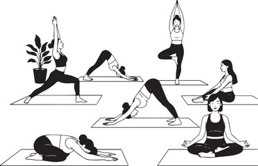 Women practicing various yoga poses on mats fitness