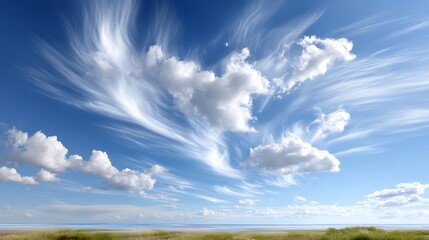 Beautiful Blue Sky with Wispy Clouds Over Serene Landscape