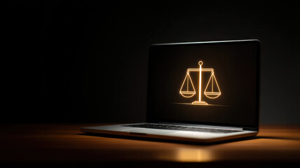 A laptop displaying a law scale symbol, set against a dark background, symbolizing legal tech and justice.