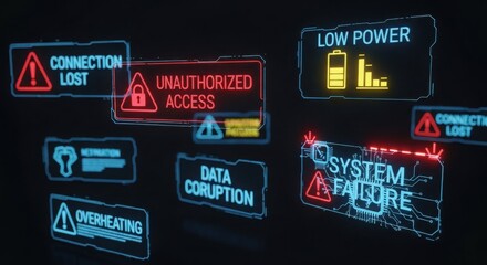 System Failure and Cybersecurity Threats: A Composite Display of Critical Warnings including Unauthorized Access, Data Corruption, and Network