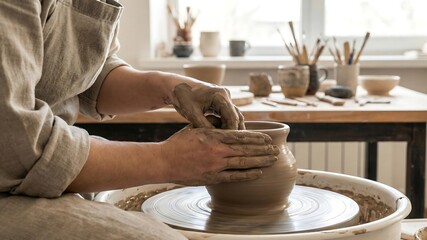 Artisan hands shaping clay vessel on pottery wheel in bright studio