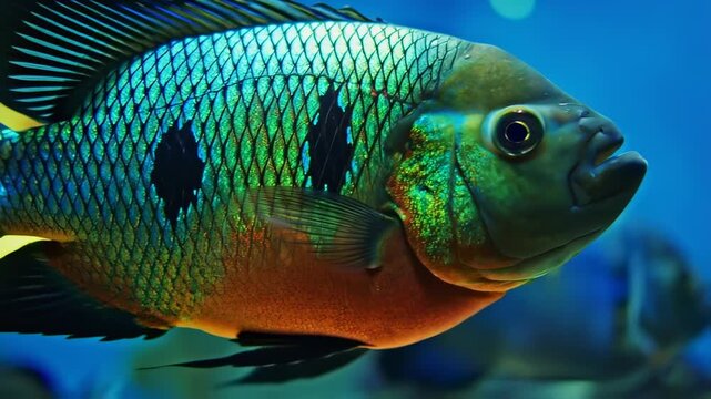 Close-up of a fish with iridescent scales in blue water